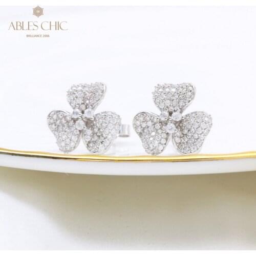 925 Sterling Silver Micro Paved CZ Earrings Three Petals Flower Party Earring Nature Theme Zircon Studs C11E4S25541