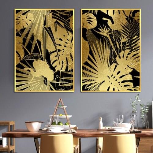 Modern Black Gold Abstract Canvas Painting Art Wall Mural Plant Leaf Picture for Home Living Room Office Decor Printing Poster