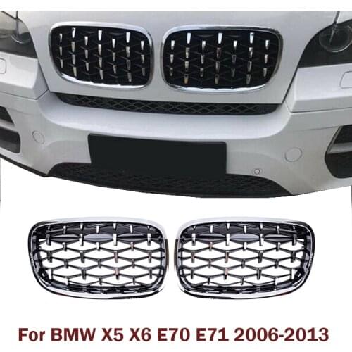 A Pair Car Diamond Grills Front Kidney Grill Chrome Mesh Grille For BMW X5 X6 E70 E71 2006-2013 Silver Car Accessories
