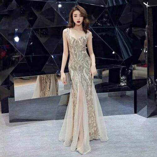 Shinny Gold Sequined V Neck Sleeveless Elegant Evening Dresses Sexy Robe De Soiree Formal Dress Luxury Mesh Club Party Vestidos