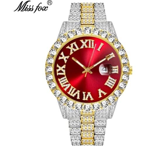 Top Brand MISSFOX Men Watches Luxury High Quality Diamons Red Dial Watch Fashion Stainless Steel Strap Quartz Clock Hip Hop Hour
