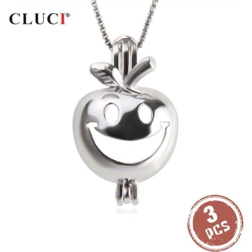 CLUCI 3pcs 925 Sterling Silver Apple Cage Pendant Women Smiling Apple Face Pendant Cartoon Charms Pendant Silver 925 SC331SB