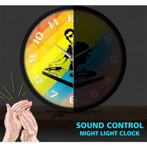 Disc Jockey Turntable Mixer Record Metal Frame Round Clock DJ Music Night Club Sound Activated Watch LED Light Lamp