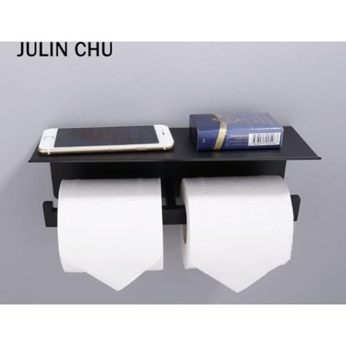 Double Toilet Paper Holder with Phone Shelf 304 Stainless Steel Black WC Paper Towel Roll Rack for Kitchen Bathroom Storage