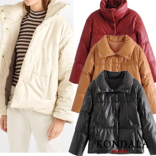 KONDALA Za Winter Women Jackets PU Casual Thicken Oversized Jackets Pillow Collar Pockets Button Female Coats Loose Warm Parkas
