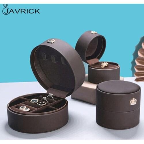 Round Crown Jewelry Box Travel PU Leather Jewellery Packaging Display Organizer Earring Ring Storage Case