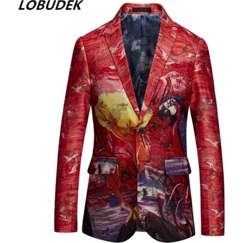 2020 New Men Business Casual Blazers Red Patterning Printed Slim Fit Suit Jackets Male Singer Host Concert Stage Oversize Blazer