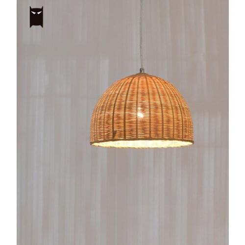 Delicate Bamboo Wicker Rattan Semicircular Pendant Light Fixture Rustic Country Japanese Art Deco Hanging Ceiling Lamp Farmhouse