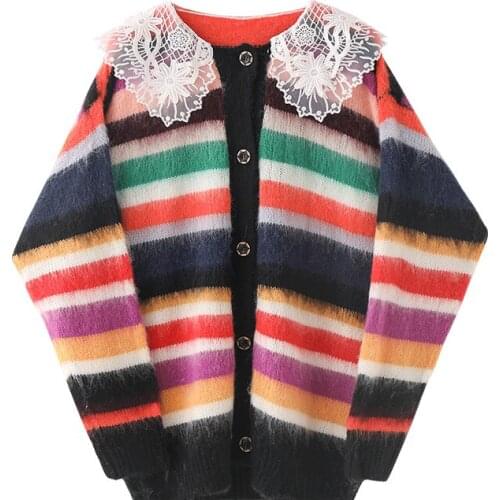 Autumn new mohair striped knitted cardigan womens sweet style lace doll collar trend all-match sweater jacket