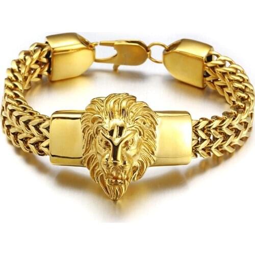 Punk Jewelry Figaro Chain Mens Bracelet Stainless Steel Silver/Gold Lion Head Bracelet High Quality Mens Cuff Bracelet 8.66 inch