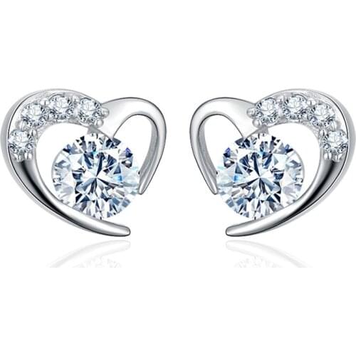 Wholesale 925 sterling silver fashion romantic love heart shiny crystal stud earrings women jewelry birthday gift drop shipping
