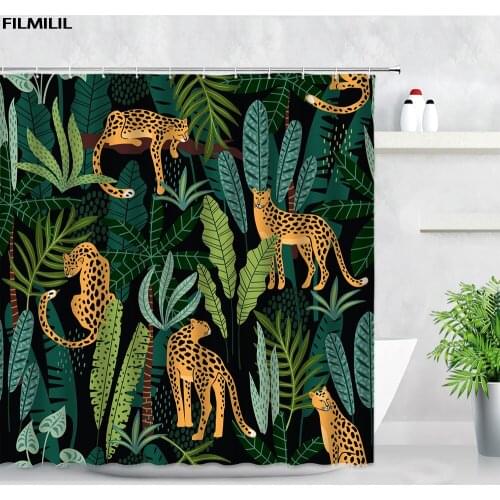 3D Tropical Leaves Leopard Shower Curtains Set Creative Palm Trees Green Leaf Scenery Home Decor Polyester Bathroom Bath Curtain