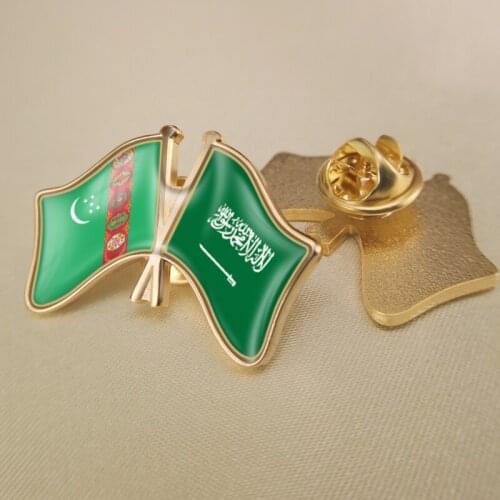 Turkmenistan and Saudi Arabia Crossed Double Friendship Flags Lapel Pins Brooch Badges