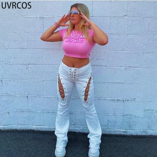 UVRCOS Streetwear Women Hot Cyber Y2K Pants 2021 Fashion Autumn Street Style Solid Hollow Out Lace Up Straight High Waist Pants