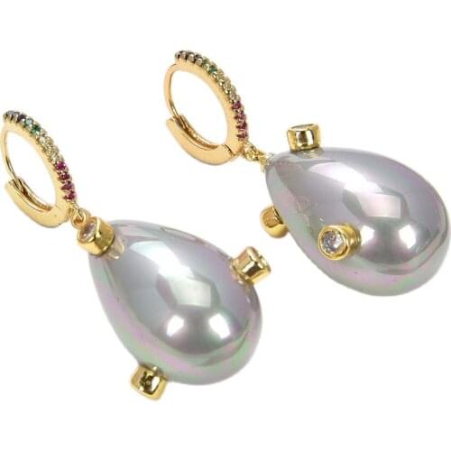 JK Teardrop Gray Grey Sea Shell Pearl Mixed color Cz Pave Lever back Earrings