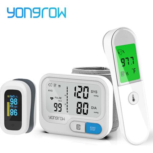 Yongrow Wrist Medical Digital Blood Pressure Monitor Sphygmomanometer Finger Pulse Oximeter Body Thermometer Temperature Gun