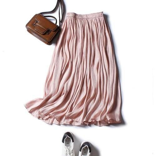 Bright Face Silky Luster Pleated Skirts Women Summer Solid Black Midi Skirts Womens Slim Thin A-line Fairy Long Skirt Women