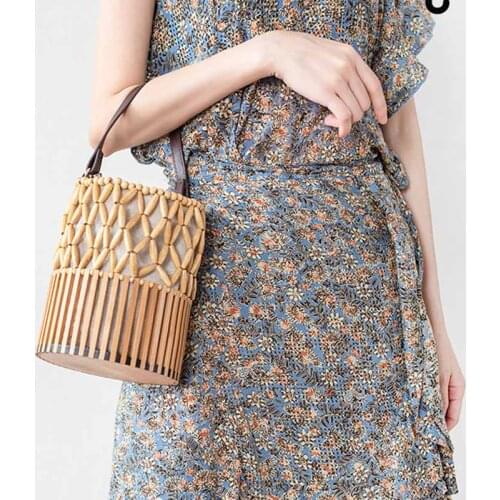 New Handmade Women Bamboo Bag Bamboo Basket Bucket Handbag Summer Straw Beach Bag Bohemian Luxury Designer Female Shopper Purse