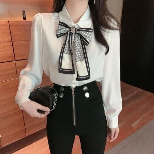 Spring 2021 Womens Clothing New French White Shirt Long Sleeve Top Office Clothes Tunic for Women Chiffon Blouse Bow Tie Shirt