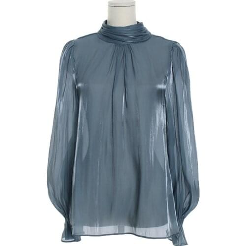 French New Chiffon Shirt For Women Spring And Autumn Silk Standing Collar Retro Temperament lantern Sleeve Career Commuting Top