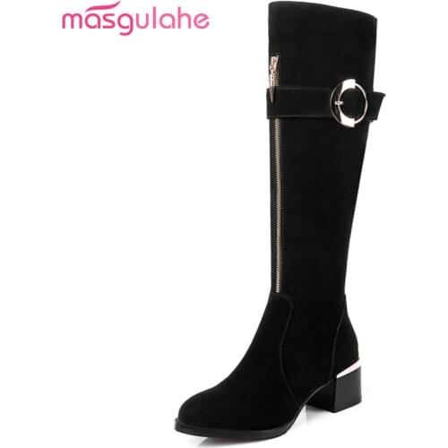 Masgulahe black gray women boots pointed toe zipper cow suede ladies boots buckle leather square heel knee high boots
