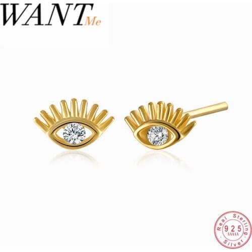 WANTME Genuine 100% 925 Sterling Silver Pave White Zircon Minimalist Mini Demon Eye Stud Earrings for Fashion Women Jewelry Gift