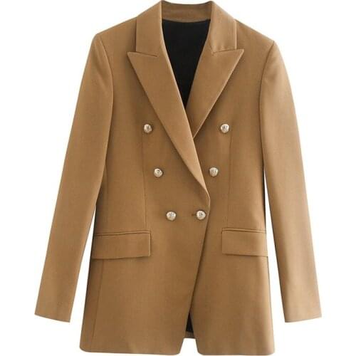 Women Fashion Office Wear Double Breasted Blazer Coat Vintage Long Sleeve Pockets Female Outerwear Chic Tops