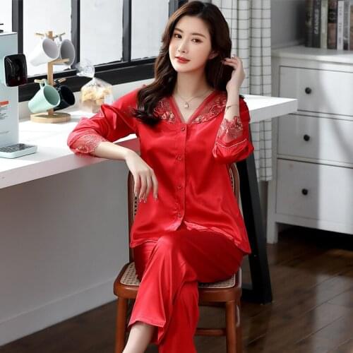 Female Lace Trim 2PCS Loose Pajama Sets Spring Summer Ice Silk Nightwear Sexy V-Neck Home Wear Pyjama Plus Size M-3XL Sleepwear