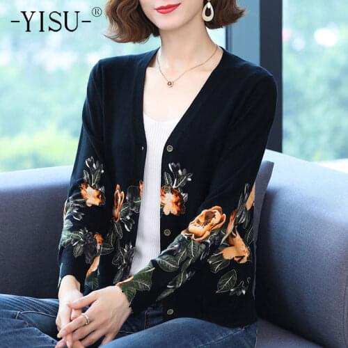 YISU Women Cardigans Sweater Autumn V-Neck Flowers printing Knitted Coat Cardigan Single Breasted Casual Knit Jacket Sweater