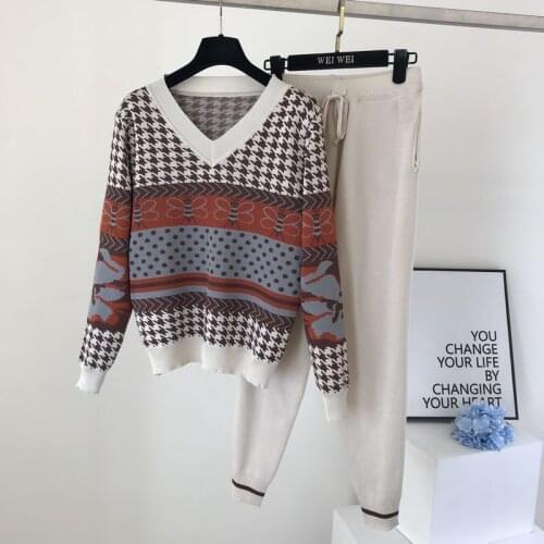 Spring Retro Print Knit Two Piece Sets Women Outfit Fashion Long Sleeve Sweater Tops + Ankle Length Harem Pants Casual Sweatsuit