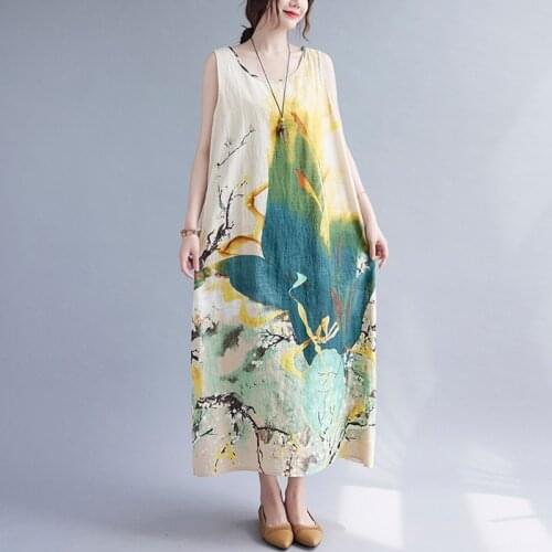 Women Summer Cotton Linen Long Dress New Arrival 2021 Vintage Style O-neck Print Loose Comfortable Female Casual Dresses B114