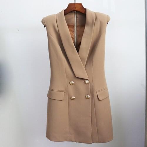 Summer Dress Blazer Women 2020 New Professional Office Double Breasted Button Turn-down Collar Thick Shoulder Khaki Suit Dress