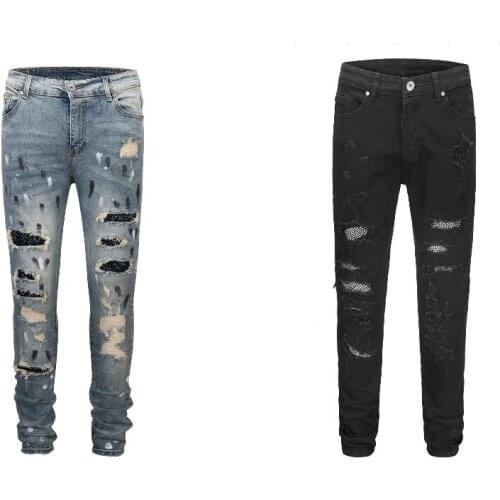 2018 TOP designer clothes Bottom Side Splash-ink ripped men jeans hip hop Fashion Casual Drawstring Hole jeans Black blue 30-36