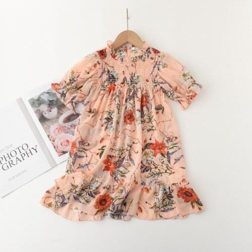 2021 New Girls' Chiffon Short-Sleeved Dress Summer Contrast Color Flower Printed Skirt 3-7 Years Old Girls' Long Dress