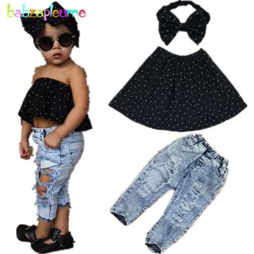 New Kids Clothes Fashion hole jeans for boys denim pant Toddler Girls Clothing set Sleeveless Tops Baby Girls Outfits 3pcs A239