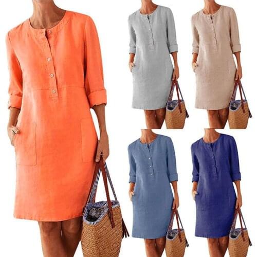 3XL4XL5XL plus size womens loose dress 2021 spring and summer temperament commuter cotton linen round neck long sleeve dress