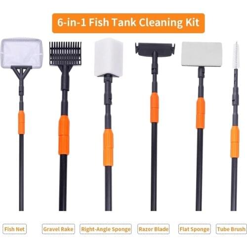 6 in 1 Aquarium Cleaning Tools Kit Aquarium clamp Set Fish Tank Net Gravel Rake Algae Scraper Fork Sponge Brush Glass Cleaner