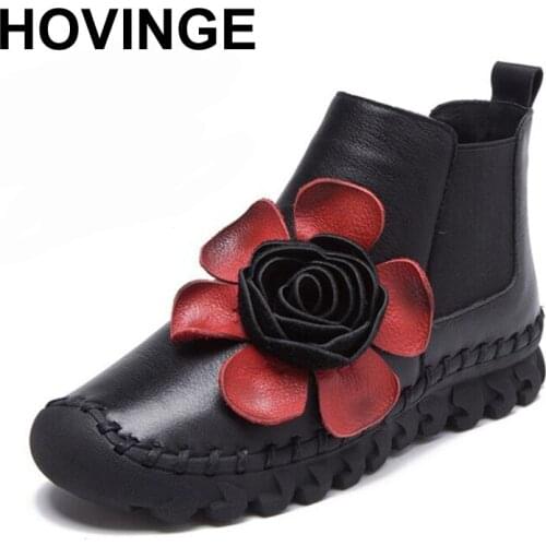 HOVINGE Retro flowers Style Martin Boots Genuine Leather Ankle Shoes Vintage Women Shoes Retro Handmade Boots For Women