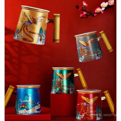 Forbidden City Water Cup Chinese Style Ceramic Retro Office Tea Cup Tea Cup Separation Big Tea Cup Phoenix Wood Handle Tea Cup