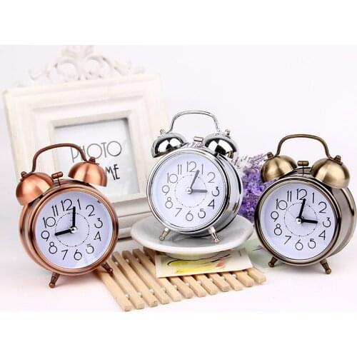 Hot Sale Creative retro alarm clock antique bronze round clock Dual Bell Loud Alarm Clock Bedside Night Light Home Decors Gift