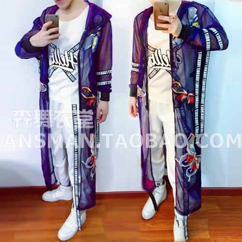Personality Mens fashion Coloured Purple flash long cloak costumes Nightclub Male Singer dancer party show hip-hop stage wear