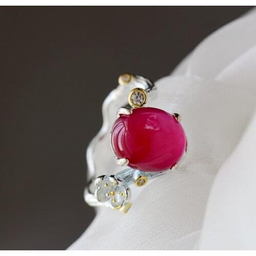 Authentic 925 Sterling Silver Inlaid Artificial Ruby National Style Creative Flower Opening Adjustable Ring Fine Jewelry Gift