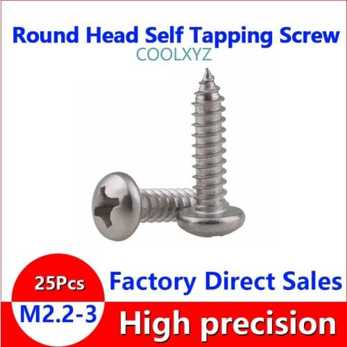 CoolXYZ Philips Pan Head Tapping Screw PA 316 Stainless Steel Cross Round Head Self Tapping Wood Screw M2M2.2M2.6M3 GB845 25Pcs