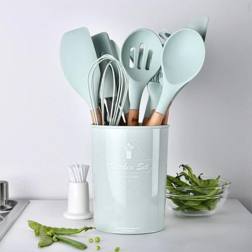 Kitchen Utensils Kitchen Tools Wood Handle Silica Gel Cooking Utensils 11 Sets Non-Stick Pot Shovel Kitchenware 11 Sets