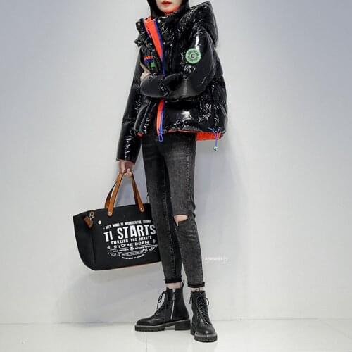 Fashion Bright Down Jacket Thick Women Short 2021 New Letter White Duck Down Coat Winter Warm Outerwear Feather Parka