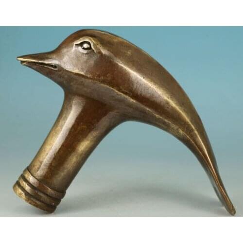 BRASS GRANDPA GOOD LUCKY USABLE CHINESE COLLECT BRASS HAND CARVING FISH STATUE CANE WALKING STICK HEAD CRAFTS ARTS STATUES