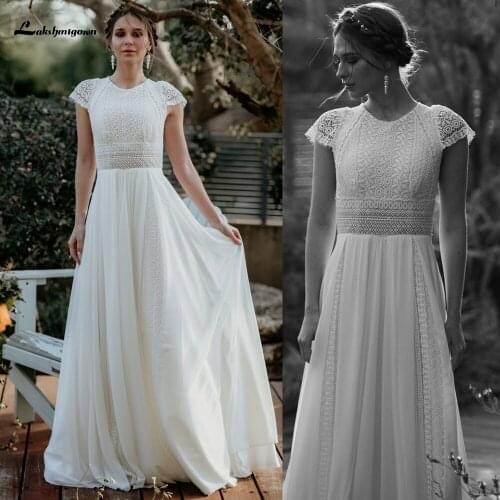 Summer Lace Bohemian Wedding Dresses 2021 Cap Sleeves Boho Lace Bride Dress Chiffon Beach Bridal Gown trouwjurk Lakshmigown