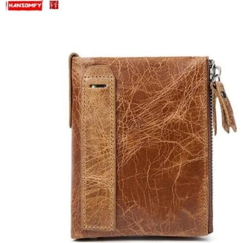 Mens Wallet Retro Short 2 Fold Wallets Multi-card Zipper Clutch Card Holder Coins Purse Male Wallet Crazy Horse Pattern Leather