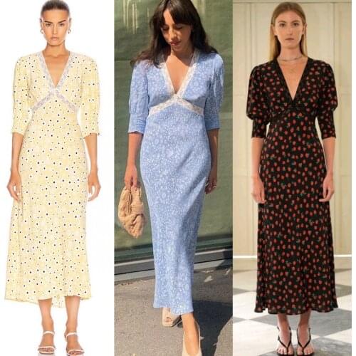 Women 100% Viscose Daisy Print Midi Dress Lace Stitching V-Neck Slim Holiday Puff Sleeve High Waist Ankle-Length Long Dresses