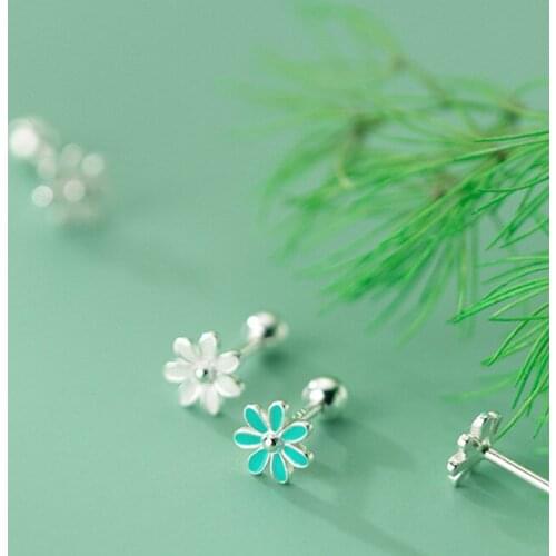 Real 925 Sterling Silver Enamel Flower Stud Earrings For Fashion Women Party Hiphop Fine Jewelry Minimalist Accessories